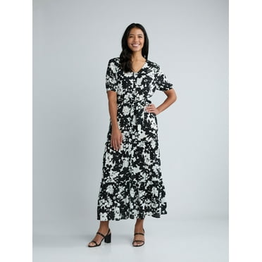 Time and Tru Women's Crinkle Maxi Dress with Short Sleeves, Sizes XS-XXXL