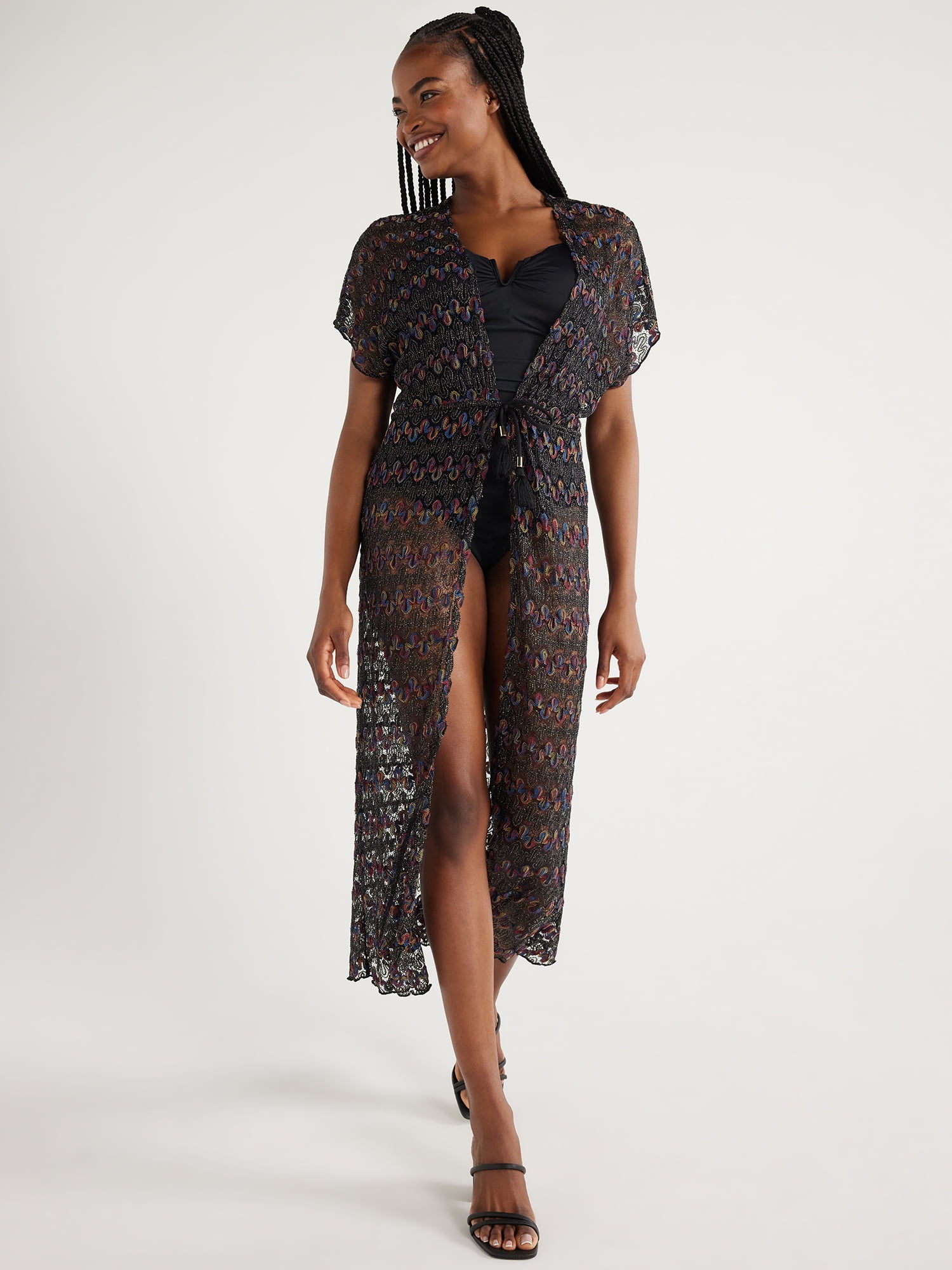 Time and Tru Women's Crochet Tie Front Caftan Coverup, Sizes XS2X