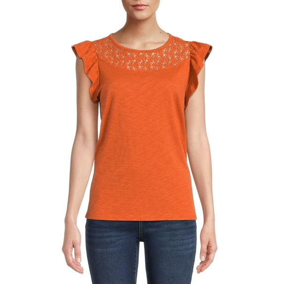 Time and Tru Women's Crochet Top with Flutter Sleeves