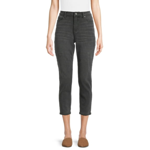 Time and Tru Women's Cropped High Rise Distressed Mom Jeans, 25" Inseam for Short, Sizes 4S-16S