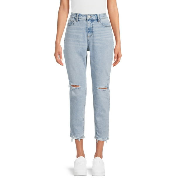 Time and Tru Women's Cropped High Rise Distressed Mom Jeans, 27” Inseam ...