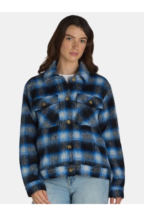 Women's Cropped Plaid Button Down Shacket, XS-XXXL