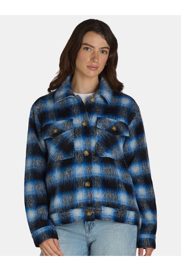 Women's Cropped Plaid Button Down Shacket, XS-XXXL