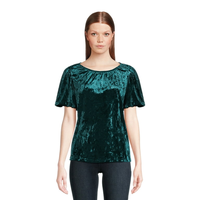 Time and Tru Women's Crushed Velvet Top with Short Sleeves, Sizes XS-XXXL