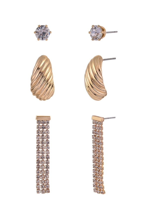 Women's Cry Stud Textured Cast Rhinestone Chain Goldtone Drop 3pc Multi Earring Set