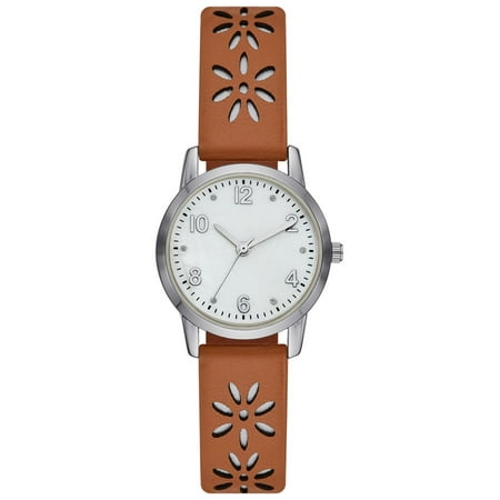Time and Tru Women's Analog Watch: Silver Tone Round Case, Crystal Accent on Faux Mother of Pearl Dial, Brown Faux Leather Perforated Strap (FMDOTT054)