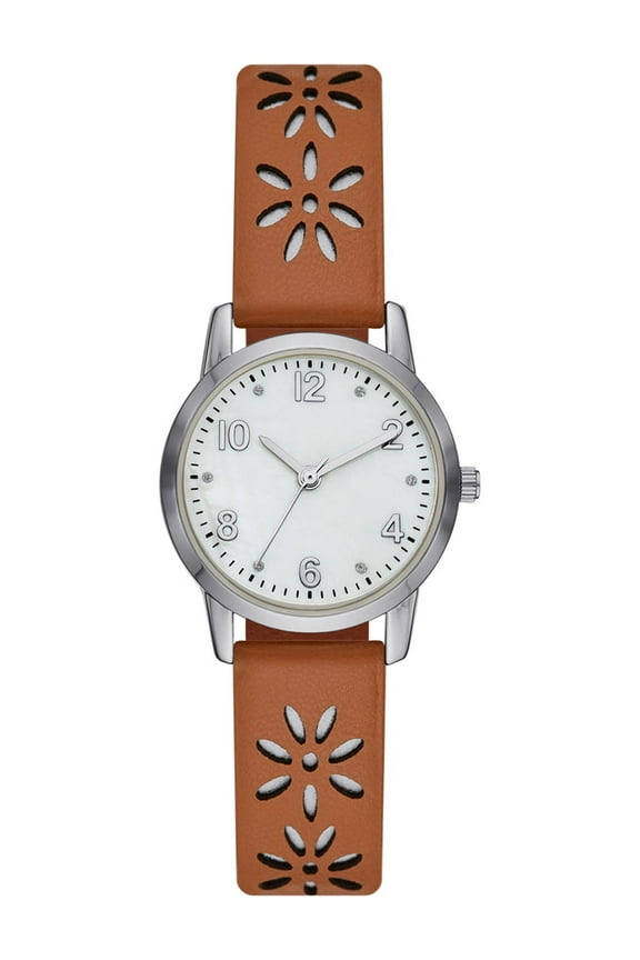 Women's Analog Watch: Silver Tone Round Case, Crystal Accent on Faux Mother of Pearl Dial, Brown Faux Leather Perforated Strap (FMDOTT054)