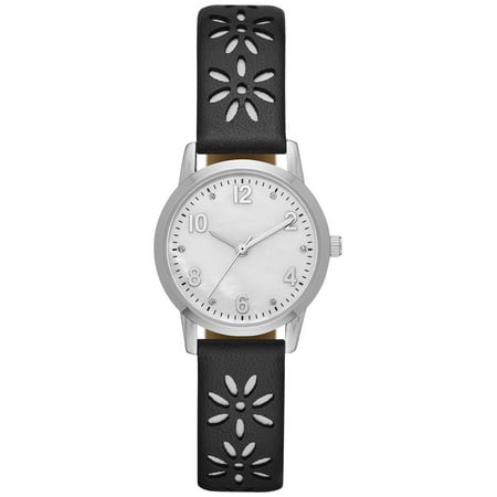 Time and Tru Women's Analog Watch: Silver Tone Round Case, Crystal Accent on Faux Mother of Pearl Dial, Black Faux Leather Perforated Strap (FMDOTT031)