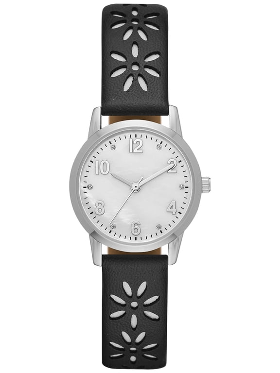 Women's Analog Watch: Silver Tone Round Case, Crystal Accent on Faux Mother of Pearl Dial, Black Faux Leather Perforated Strap (FMDOTT031)