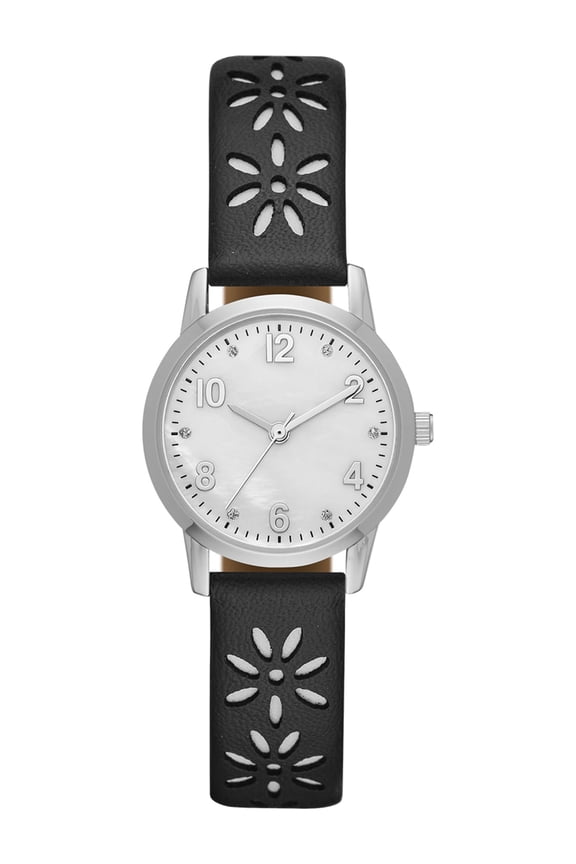 Women's Analog Watch: Silver Tone Round Case, Crystal Accent on Faux Mother of Pearl Dial, Black Faux Leather Perforated Strap (FMDOTT031)