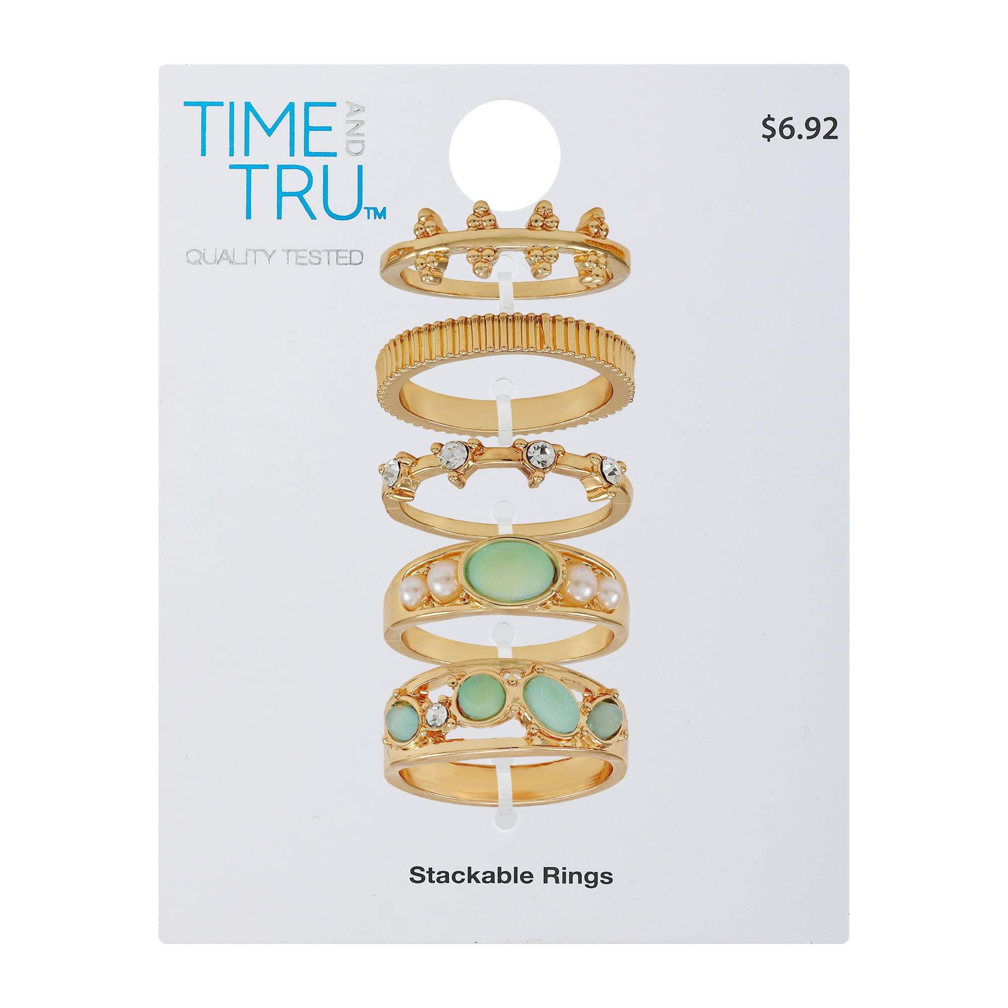 Time and Tru Women's Crystal and Faux Pearl Mint Stackable Ring Set, 5