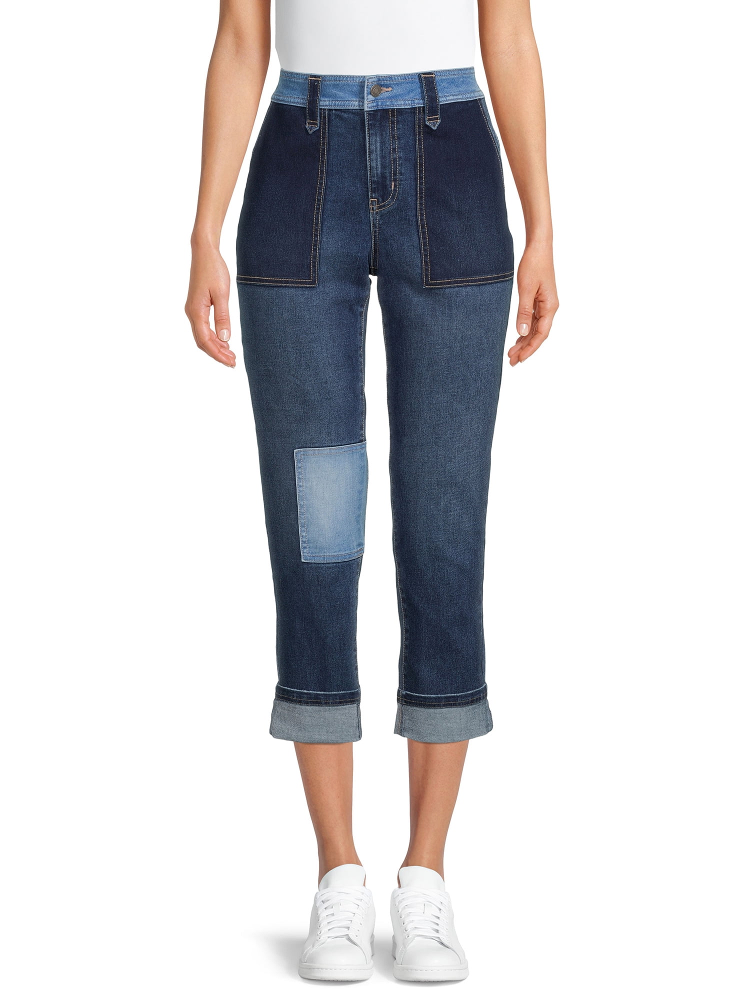 Time and Tru Women's Cuffed Patchwork Jeans - Walmart.com