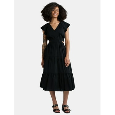 Time and Tru Women's Cut Out Midi Dress with Flutter Sleeves, Sizes XS-XXXL