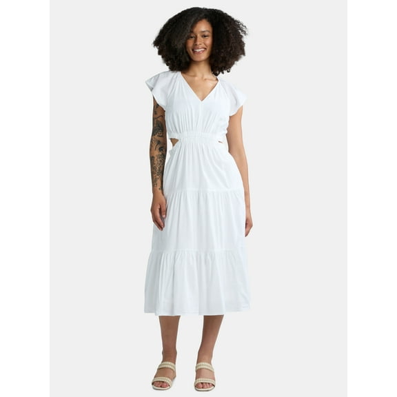 Time and Tru Women's Cut Out Midi Dress with Flutter Sleeves, Sizes XS-XXXL