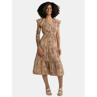 Time and Tru Women's Cut Out Midi Dress with Flutter Sleeves, Sizes XS-XXXL