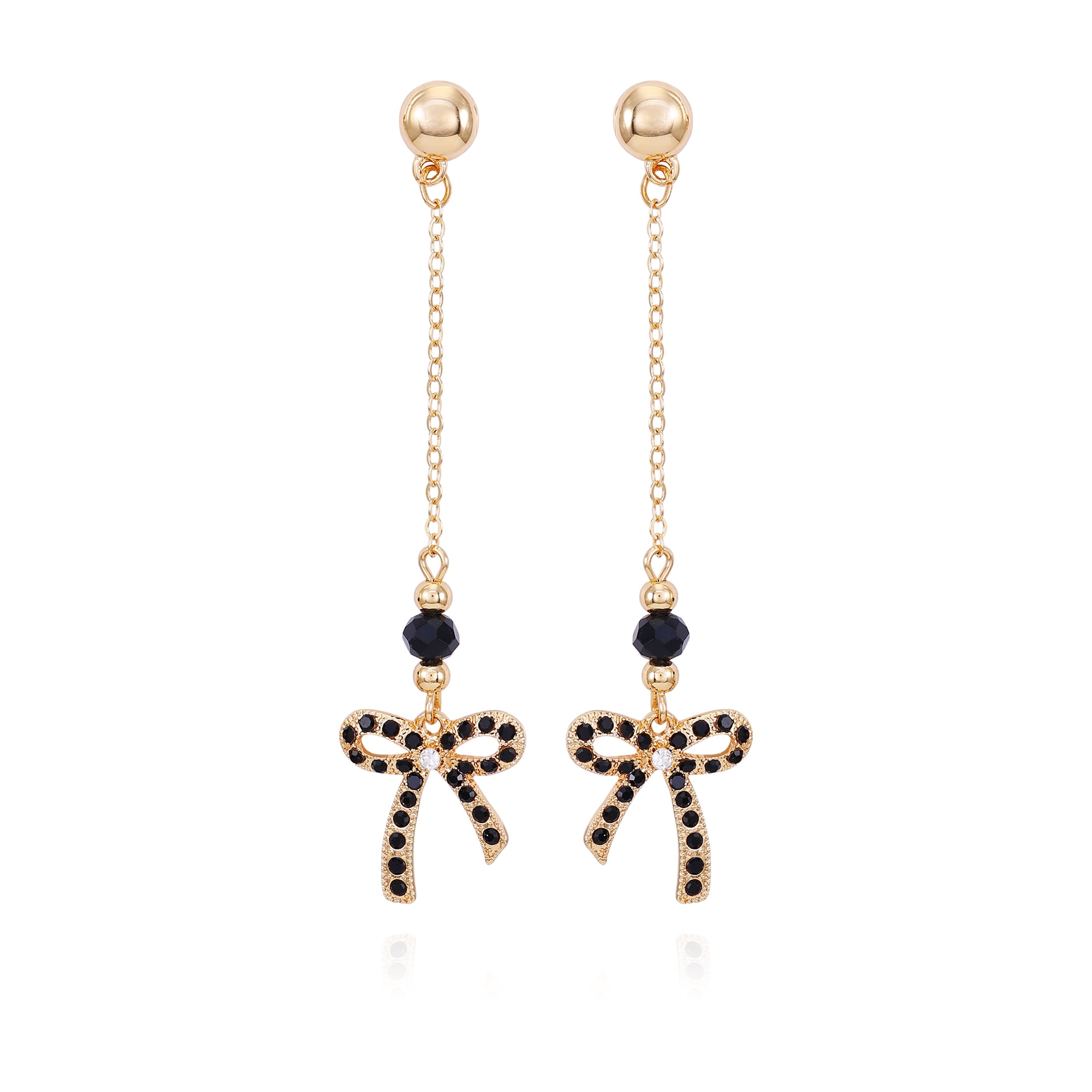 TIME AND TRU Women's Delicate Gold Tone Chain Drop Post Earring with Jet Stone Bow Drop Casting