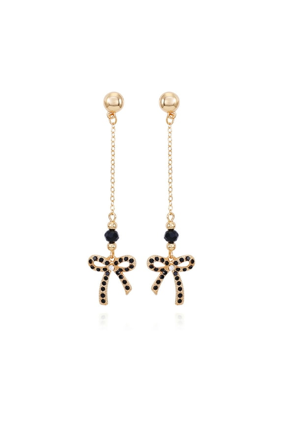 Women's Delicate Gold Tone Chain Drop Post Earring with Jet Stone Bow Drop Casting