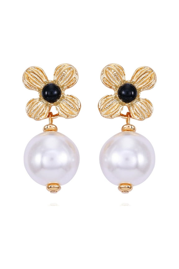 Women's Delicate Small Art Deco Gold Tone Flower Post Earring with Acrylic Pearl Drop