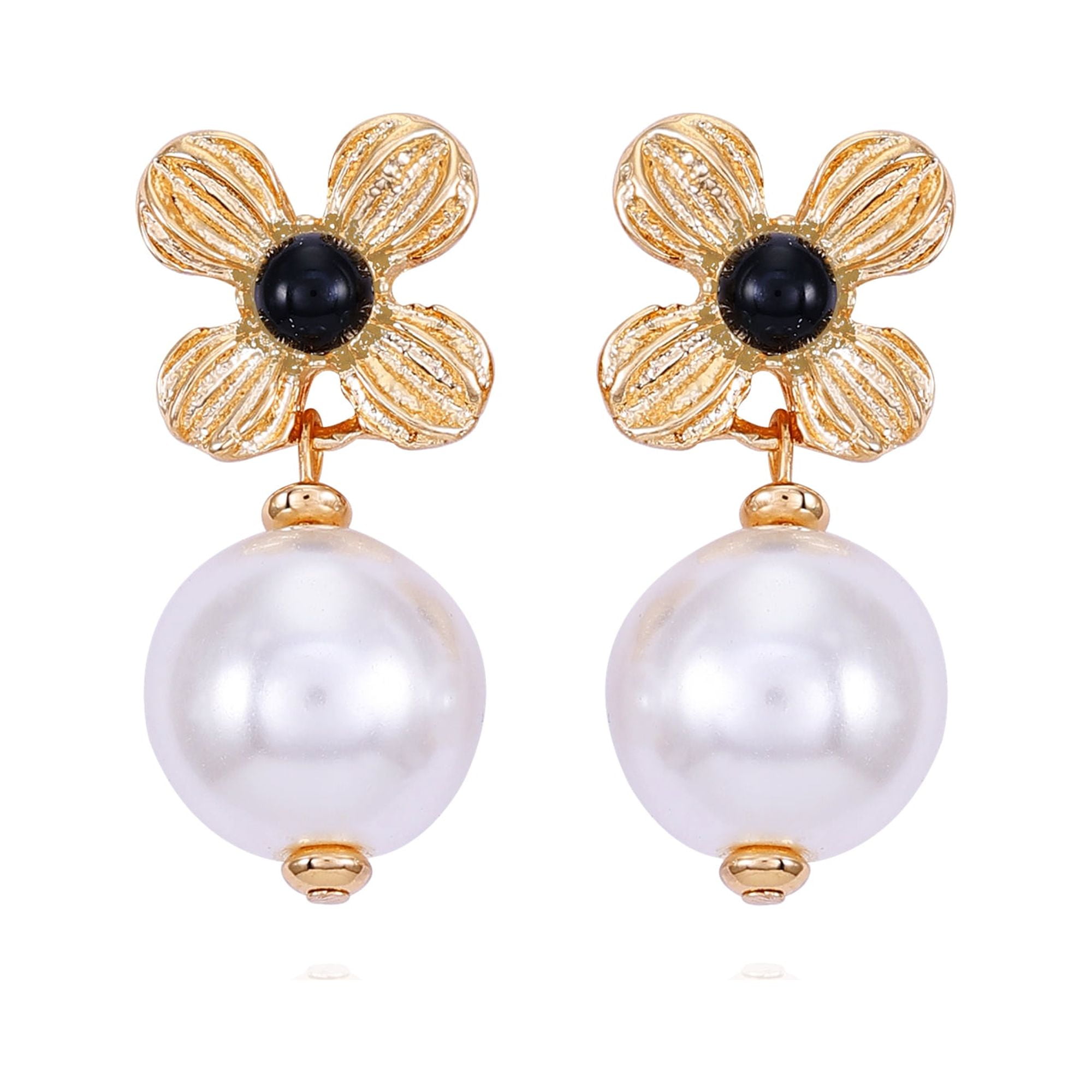 Time and Tru Women's Delicate Small Art Deco Gold Tone Flower Post Earring with Acrylic Pearl Drop