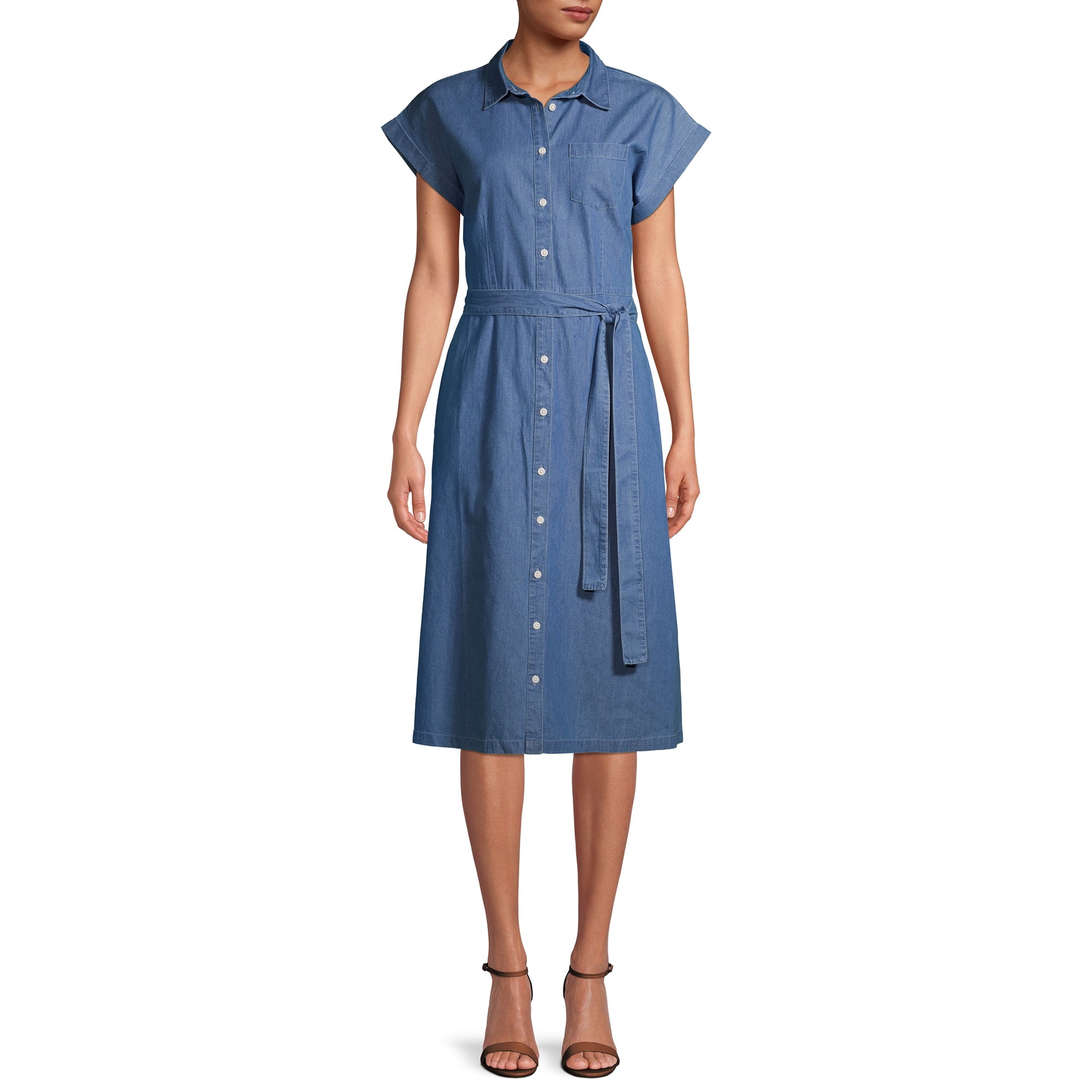 Time and Tru Women's Denim Belted Midi Shirt Dress - Walmart.com