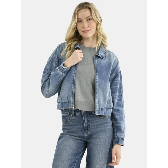 Time and Tru Women's Cotton Denim Bomber Jacket, Sizes XS-XXXL