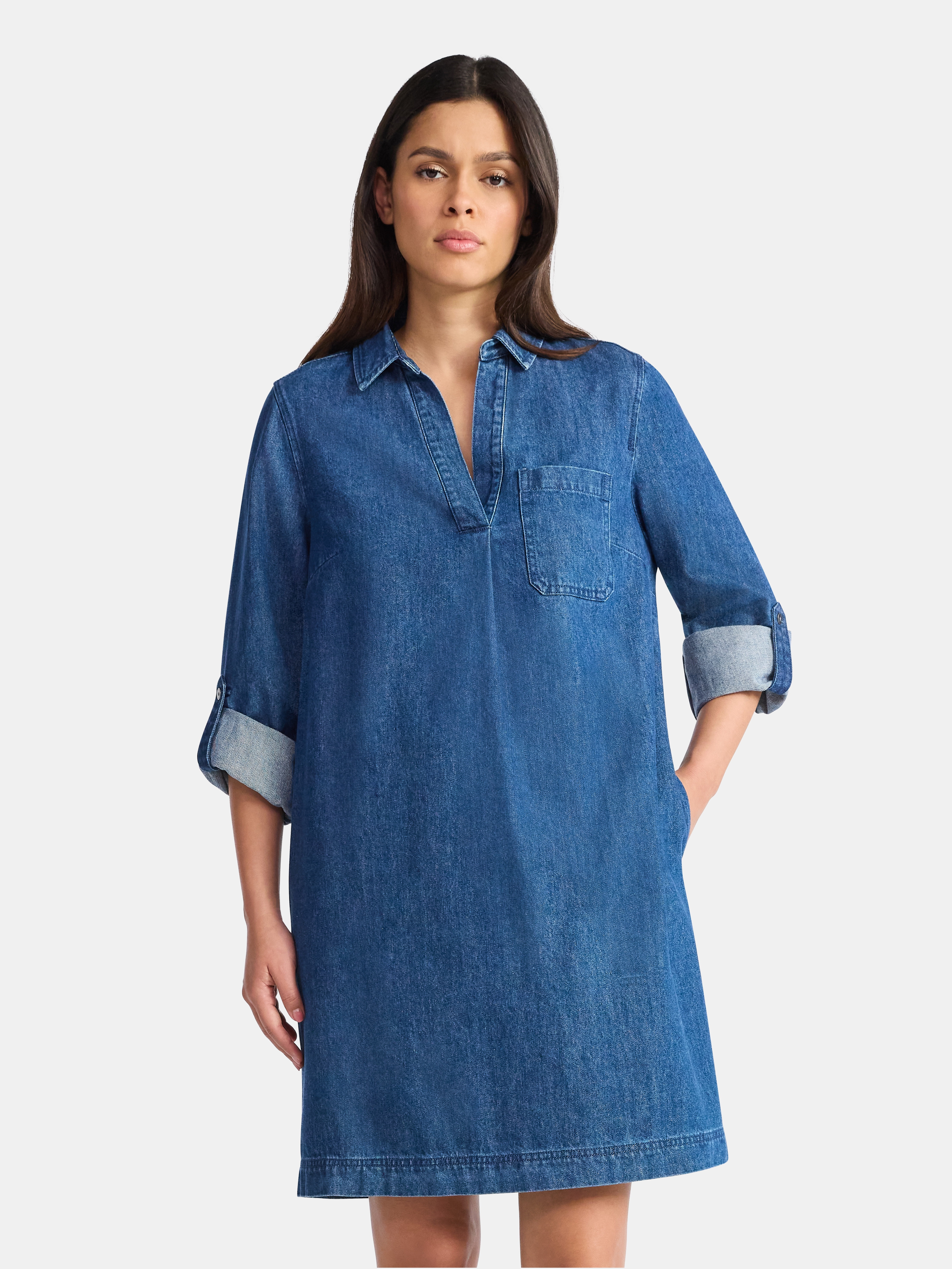 denim shirt dress walmart AKOEE 2025 Denim Long Sleeve Dress for Women Button Up Collar Shirt Jean Dress with Pockets Loose Comfy Stretch Denim Tops (X-Large, Light Blue),