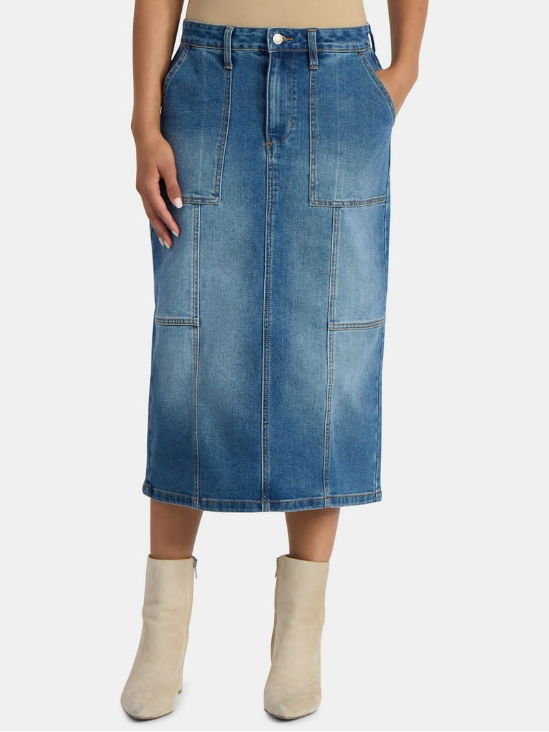 Time and Tru Women's Denim Midi Utility Skirt, Sizes 0-20