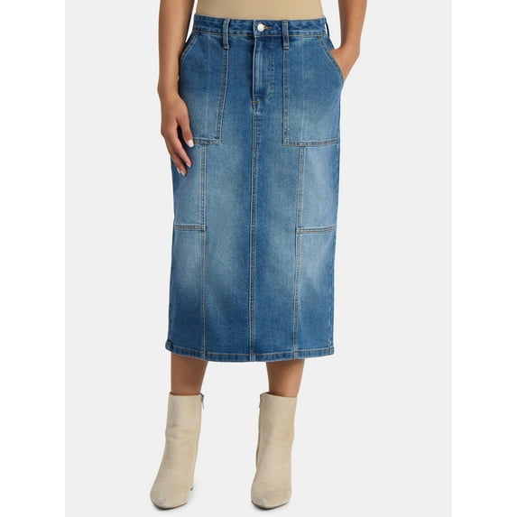 Time and Tru Women's Denim Midi Utility Skirt, Sizes 0-20