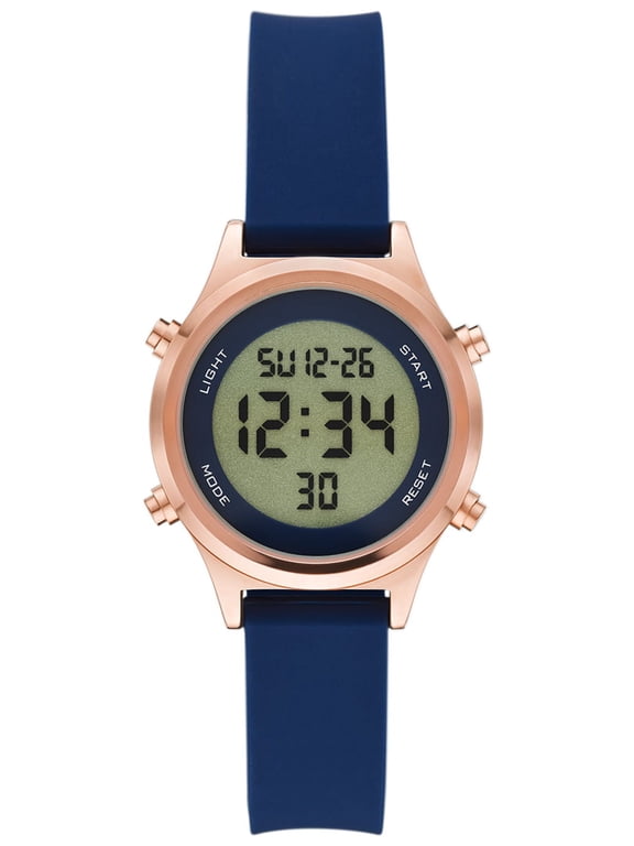 Women's Digital Wristwatch: Rose Gold Tone Round Case, Navy Blue Soft Silicone Band (FMDOTT085)