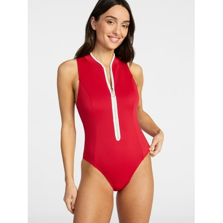 Time and Tru Women's Zip Front Tank Rash Guard Swimsuit, Sizes XS-3X