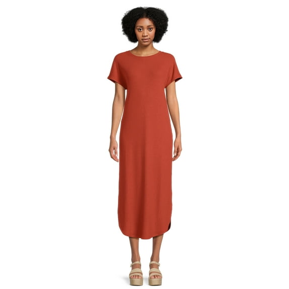 Time and Tru Women's Dolman Sleeve Ribbed Maxi Dress with Side Slits, Sizes XS-XXXL