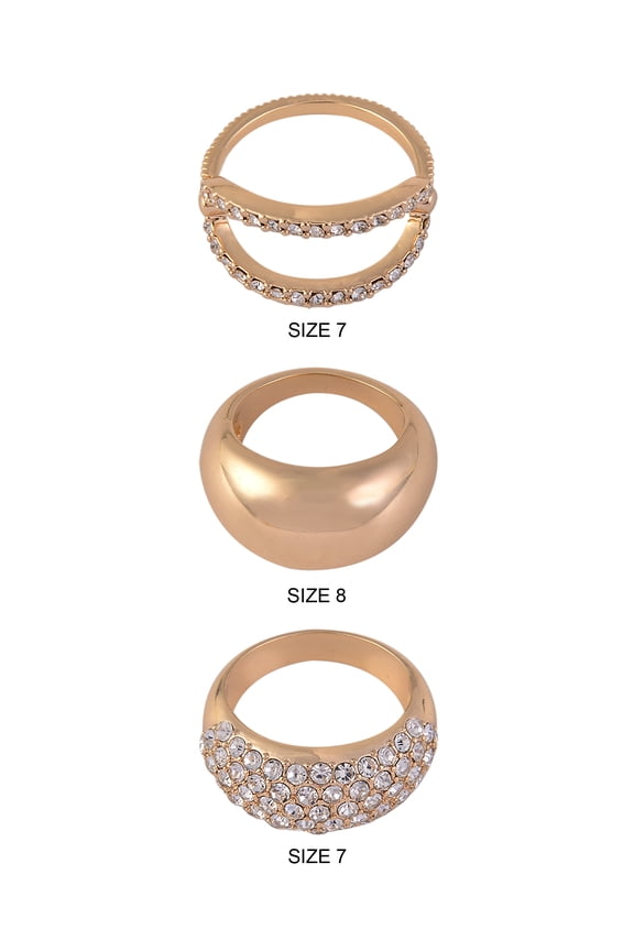 Women's Dome Shaped Open and Pave Cry Goldtone 3pc Ring Set