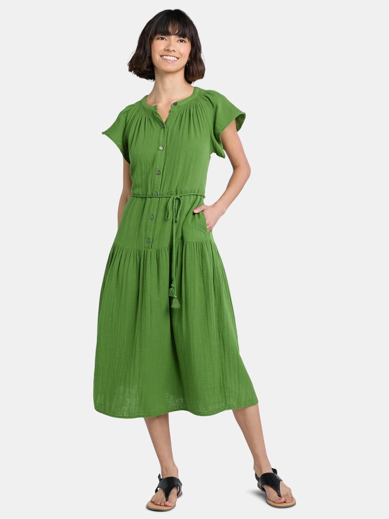 Time and Tru Women's Double Cloth Cotton Midi Dress, Sizes XS-XXXL