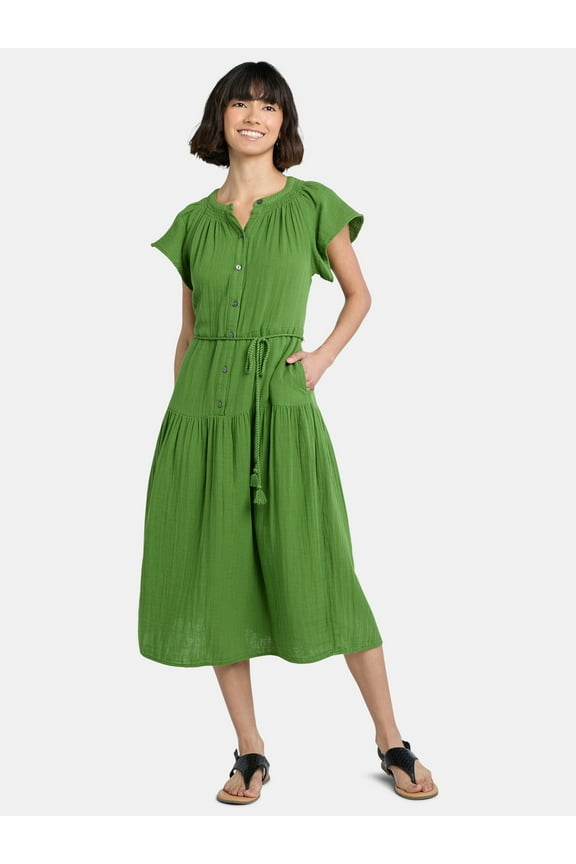 Women's Double Cloth Cotton Midi Dress, Sizes XS-XXXL