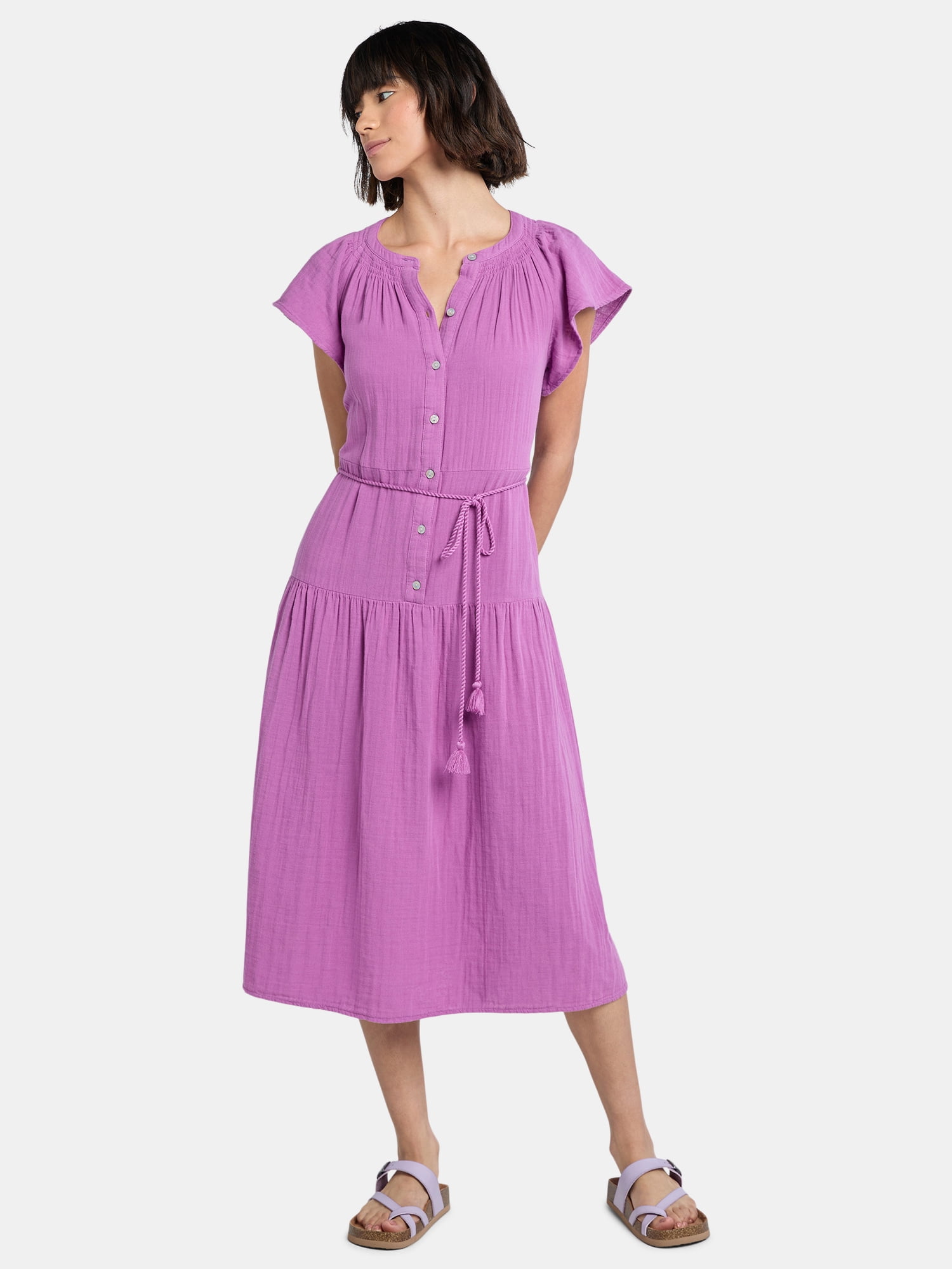Time and Tru Women's Double Cloth Cotton Midi Dress, Sizes XS-XXXL
