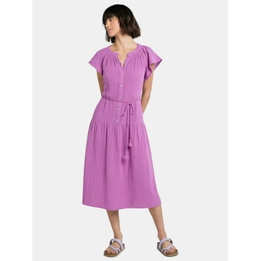 Time and Tru Women's Double Cloth Cotton Midi Dress, Sizes XS-XXXL