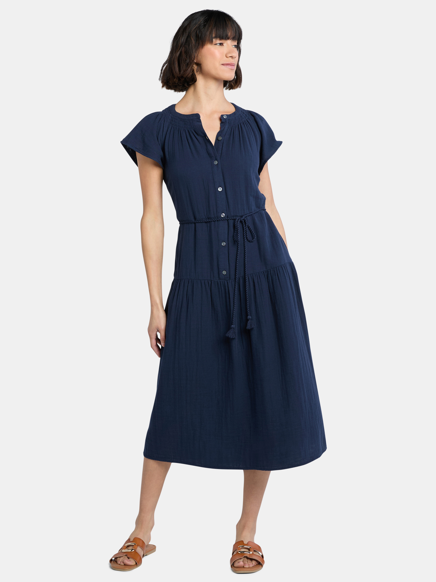 Time and Tru Women's Double Cloth Cotton Midi Dress, Sizes XS-XXXL