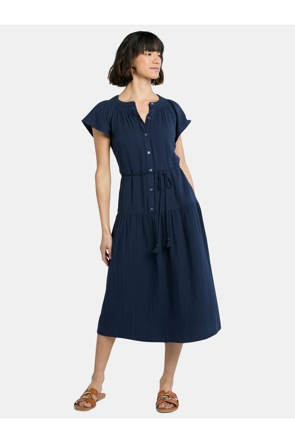 Women's Double Cloth Cotton Midi Dress, Sizes XS-XXXL