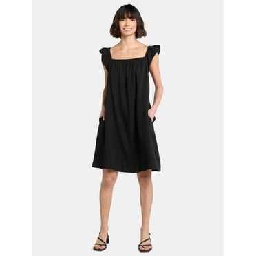 Time and Tru Women's Double Cloth Cotton Mini Dress with Flutter Sleeves, Sizes XS-XXXL