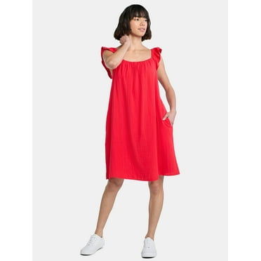 Time and Tru Women's Double Cloth Cotton Mini Dress with Flutter Sleeves, Sizes XS-XXXL