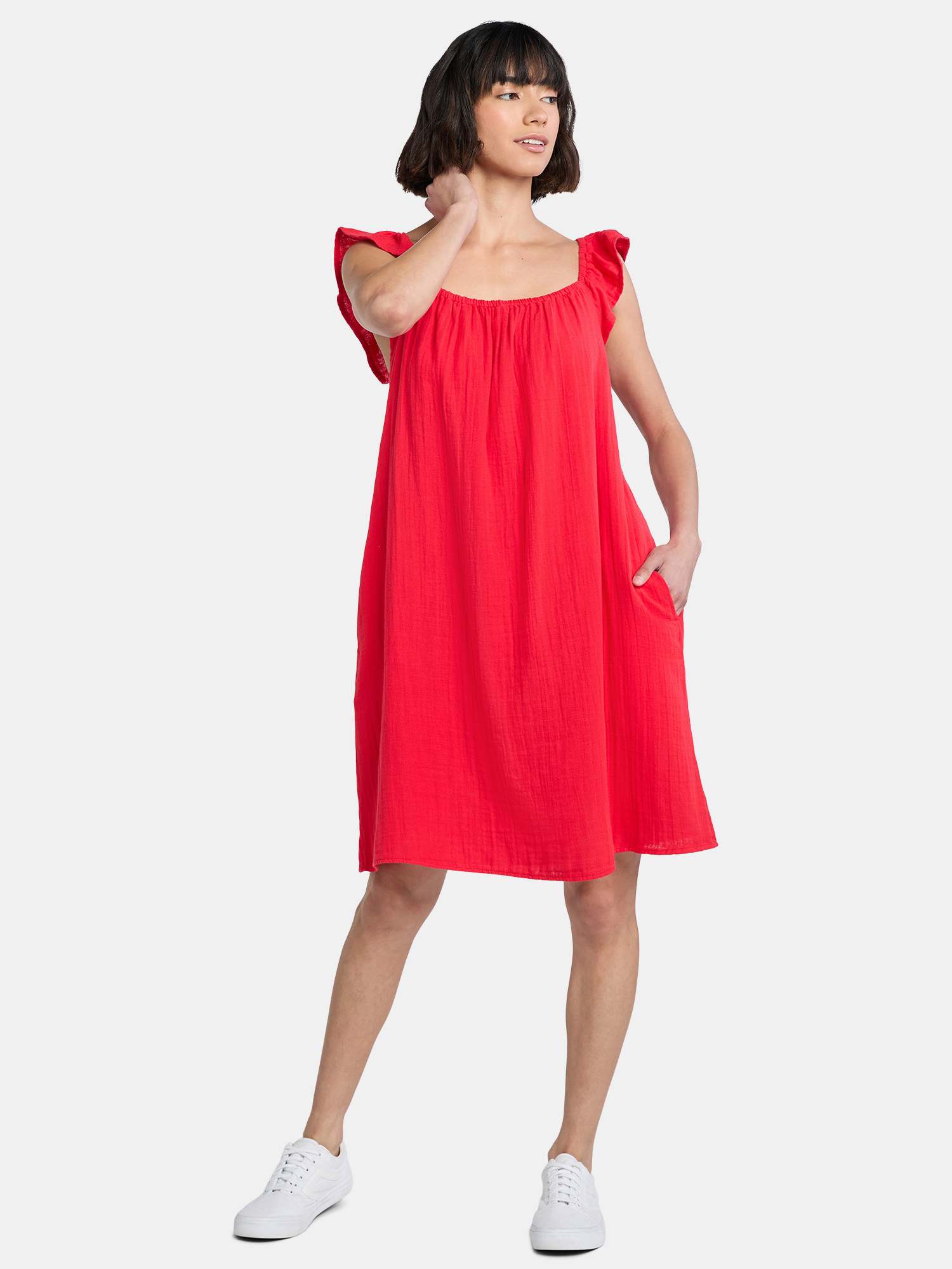 Time and Tru Women's Double Cloth Cotton Mini Dress with Flutter Sleeves, Sizes XS-XXXL