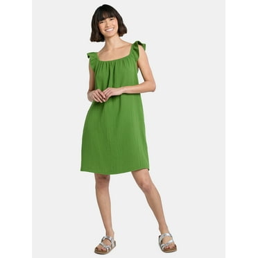 Time and Tru Women's Double Cloth Cotton Mini Dress with Flutter Sleeves, Sizes XS-XXXL