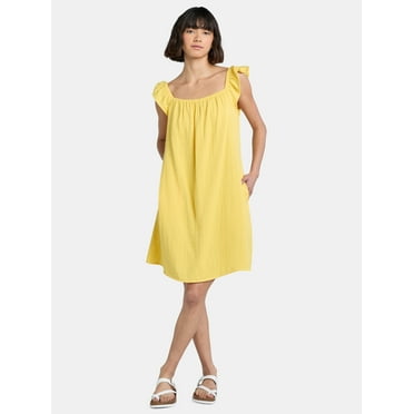 Time and Tru Women's Double Cloth Cotton Mini Dress with Flutter Sleeves, Sizes XS-XXXL