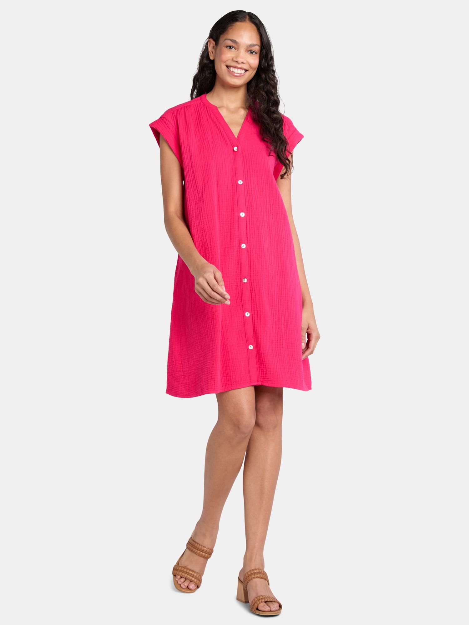 Time and Tru Women's Double Cloth Cotton Mini Shirtdress, Sizes XS-XXXL