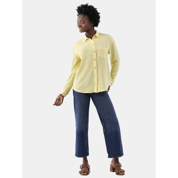 Time and Tru Women's Double Cloth Cotton Shirt with Long Sleeves, Sizes XS-XXXL