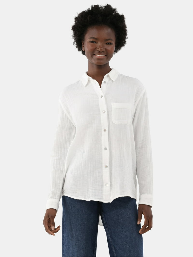 Time and Tru Women's Double Cloth Cotton Shirt with Long Sleeves, Sizes XS-XXXL