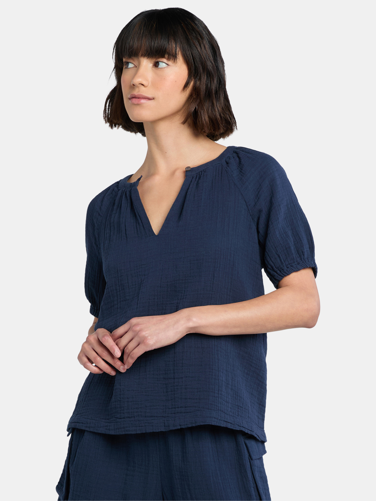 Time and Tru Women's Double Cloth Cotton Top with Short Sleeves, Sizes XS-XXXL