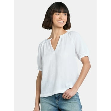Time and Tru Women's Double Cloth Cotton Top with Short Sleeves, Sizes XS-XXXL