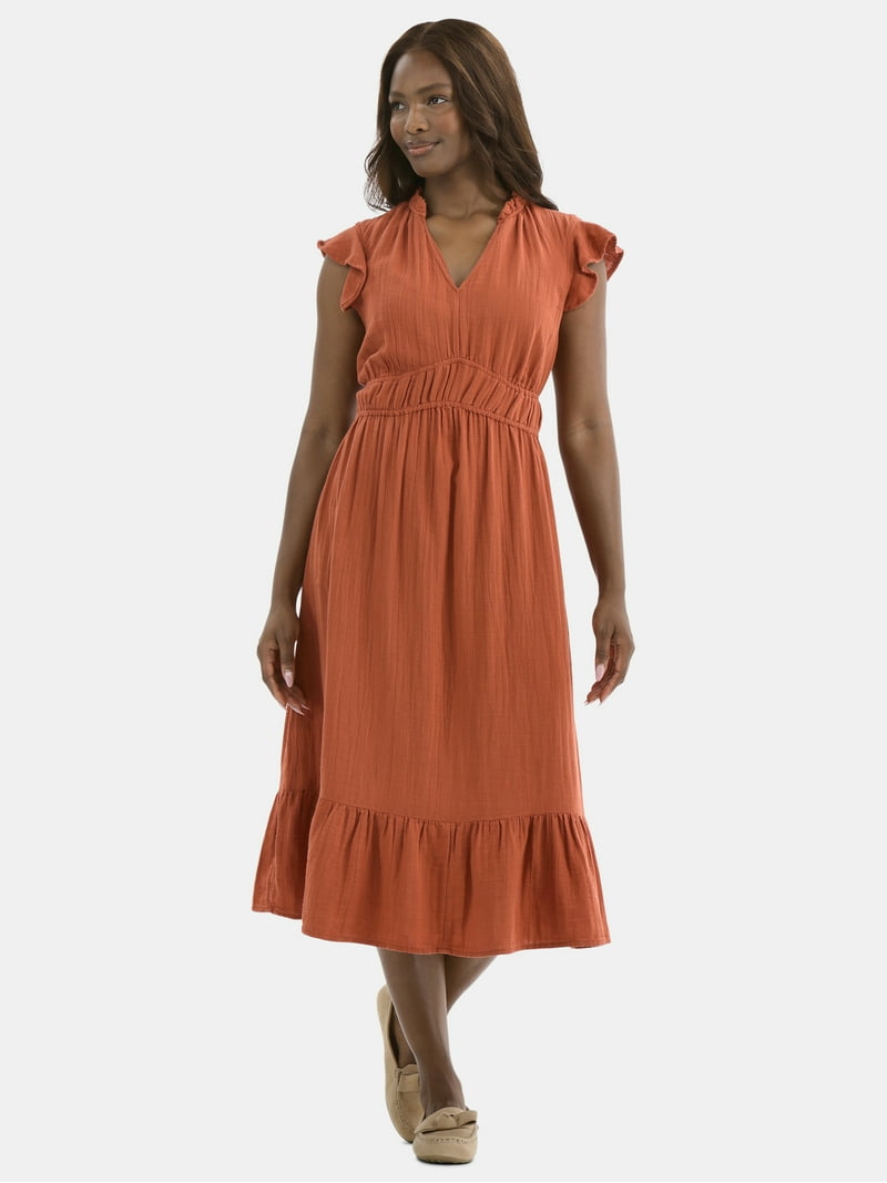 ワンピース Mame Cotton Double Cloth Dress Time and Tru Women's Double Cloth Cotton Midi Dress with Flutter