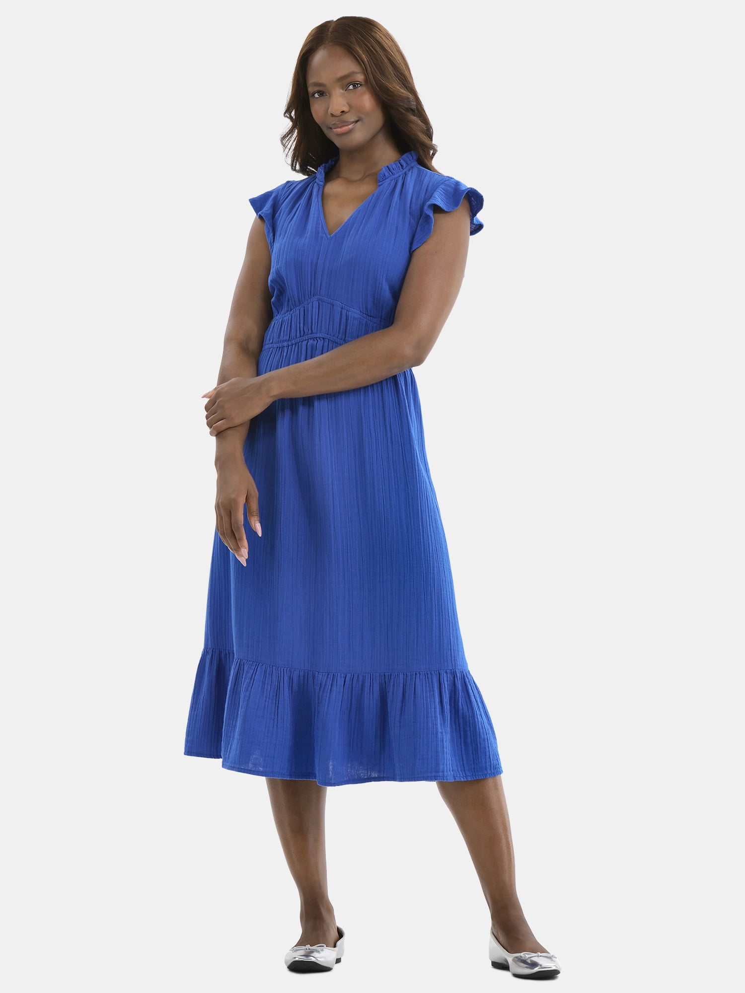 Time and Tru Women's Double Cloth Cotton Midi Dress with Flutter